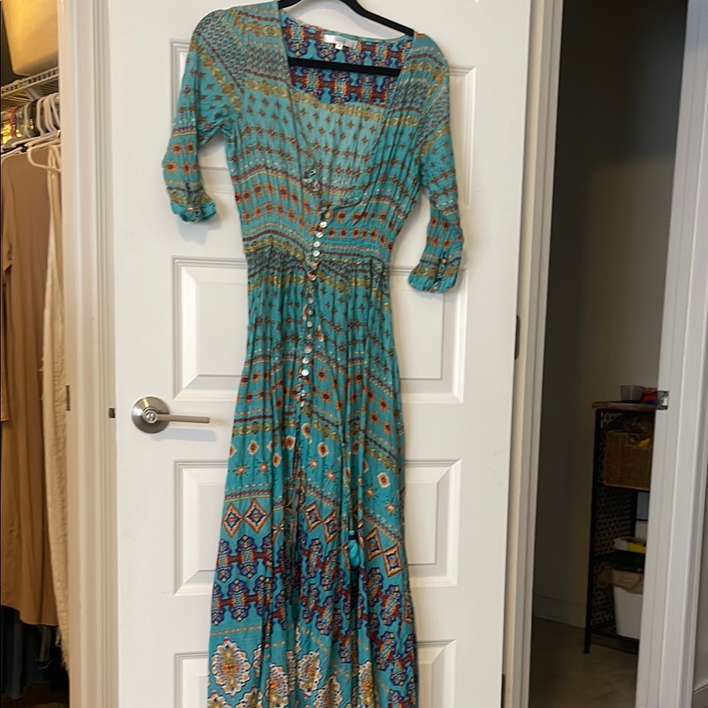 Bohemian Teal Maxi Dress with Patterned Design